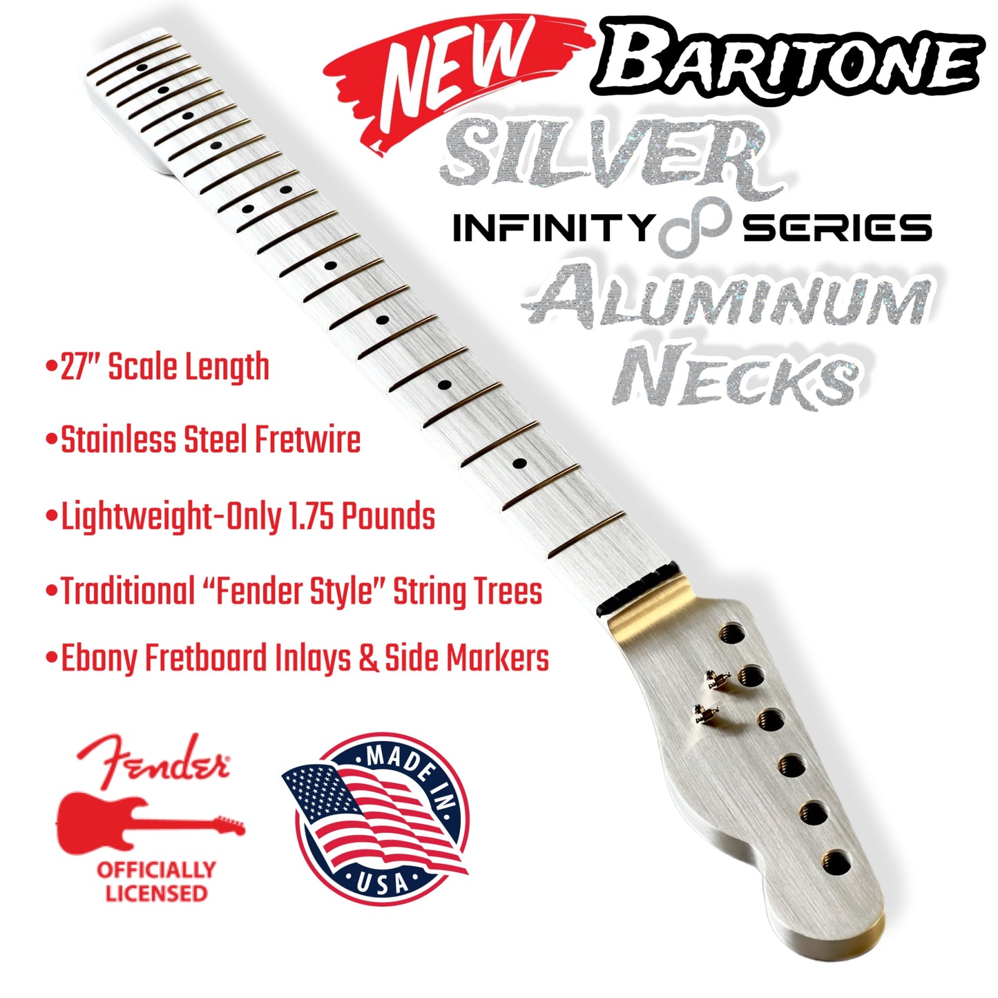 *NEW* Fender® Licensed Aluminum Baritone Neck -Silver Infinity Series- Tele® Headstock