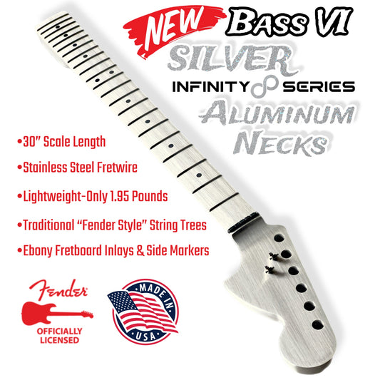 *NEW* Fender® Licensed Aluminum Bass VI Neck -Silver Infinity Series- CBS Strat® Headstock