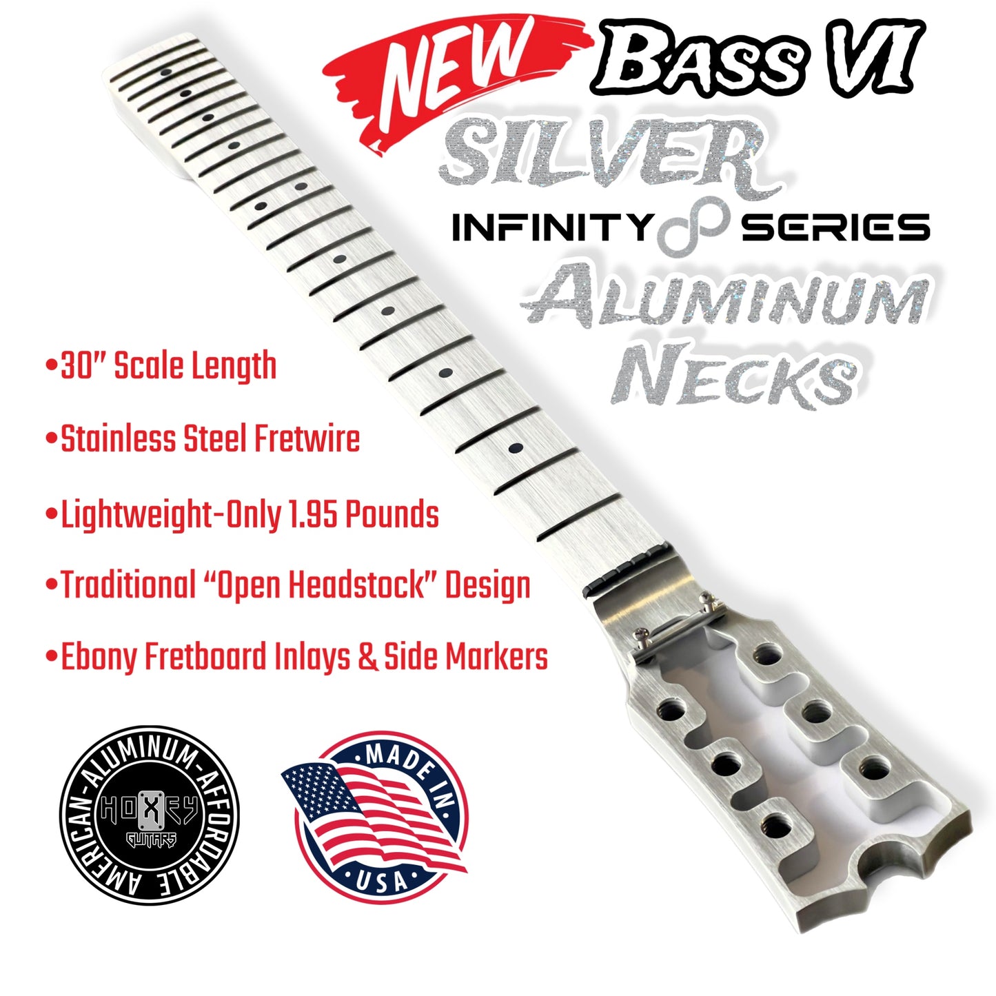 *NEW* Hoxey Fender Style Aluminum Bass VI Neck -Silver Infinity Series- Open Headstock