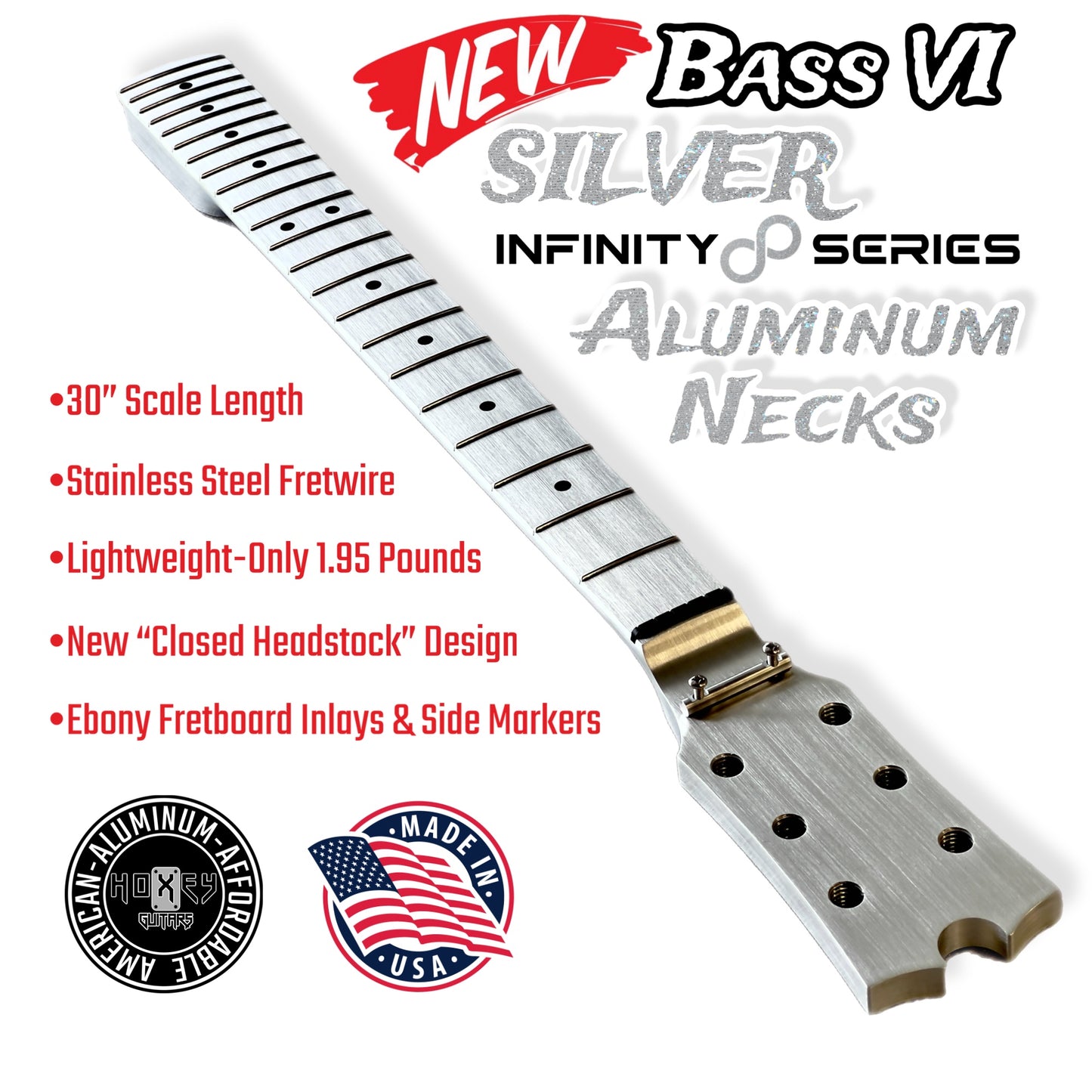 *NEW* Hoxey Fender Style Aluminum Bass VI Neck -Silver Infinity Series- Closed Headstock